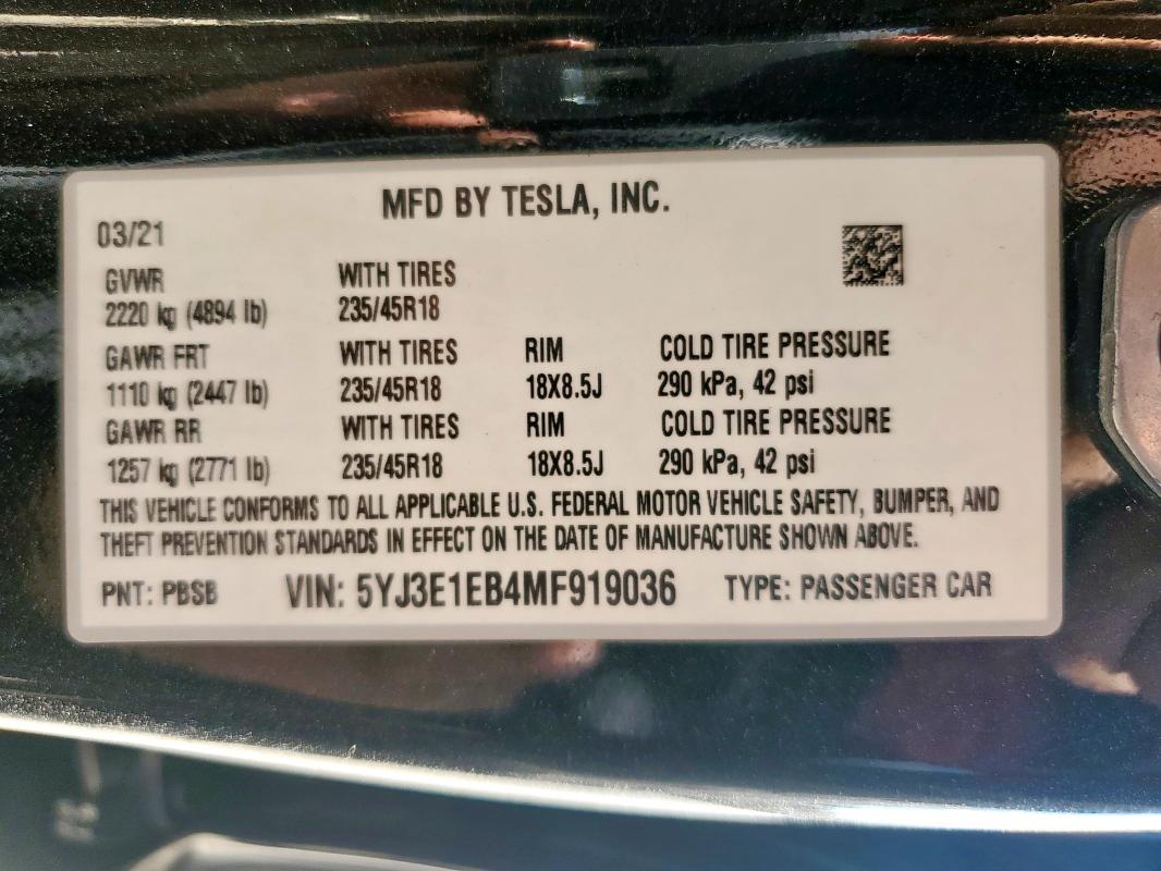 2021 TESLA MODEL 3 5YJ3E1EB4MF919036