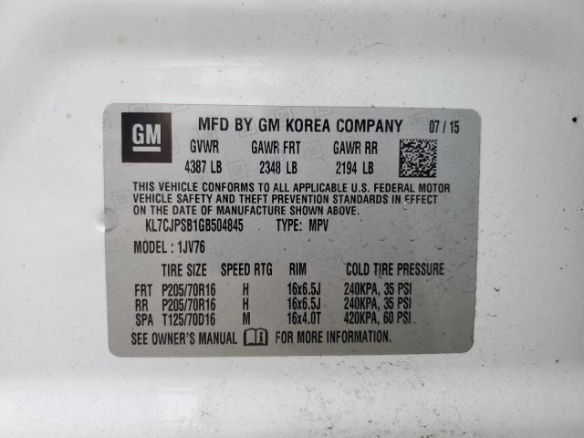 2016 CHEVROLET TRAX 1LT KL7CJPSB1GB504845