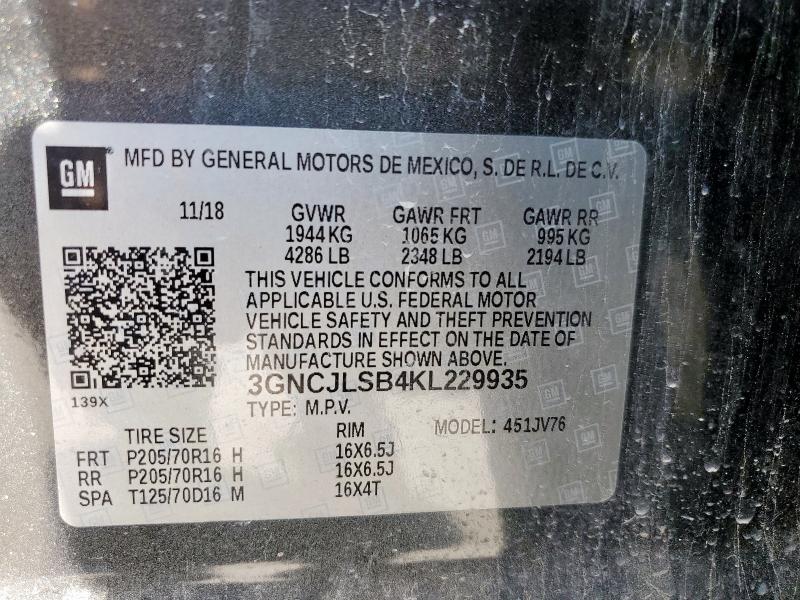 2019 CHEVROLET TRAX 1LT 3GNCJLSB4KL229935