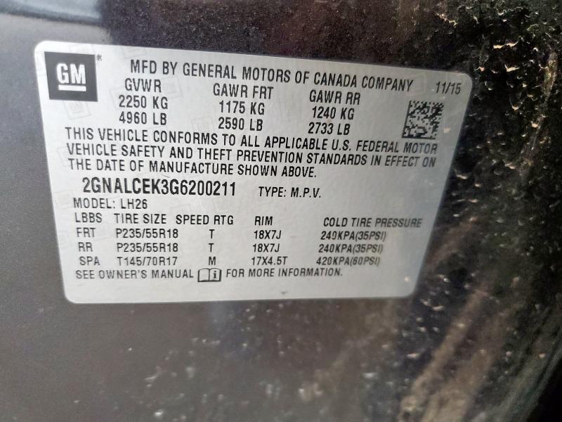 2016 CHEVROLET EQUINOX LT 2GNALCEK3G6200211