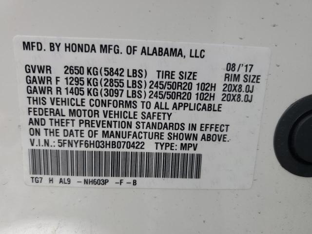 2017 HONDA PILOT ELIT 5FNYF6H03HB070422