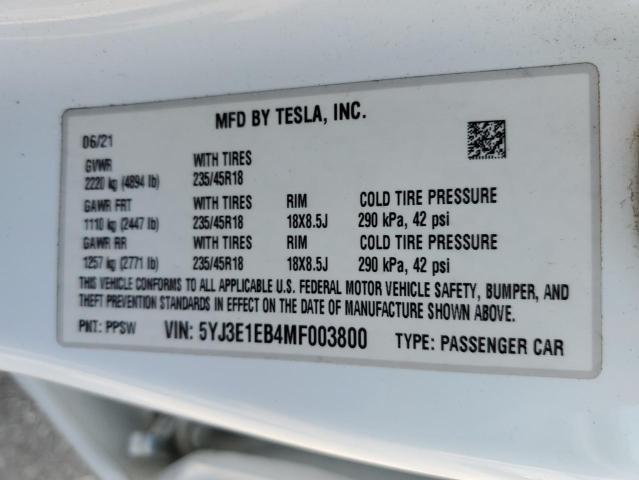 2021 TESLA MODEL 3 5YJ3E1EB4MF003800
