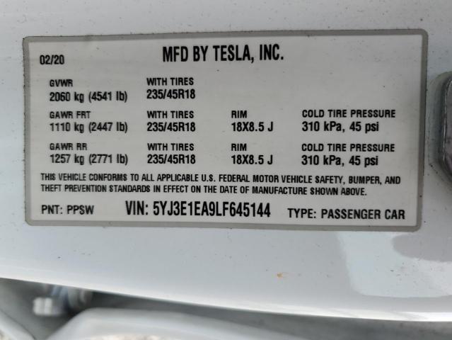 2020 TESLA MODEL 3 5YJ3E1EA9LF645144