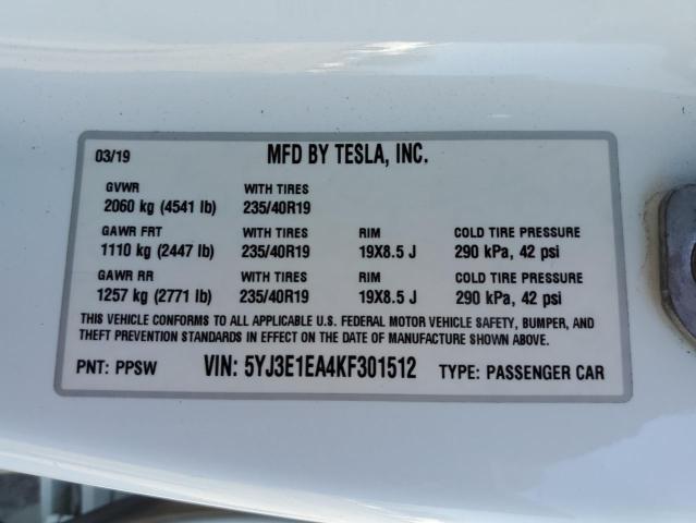 2019 TESLA MODEL 3 5YJ3E1EA4KF301512