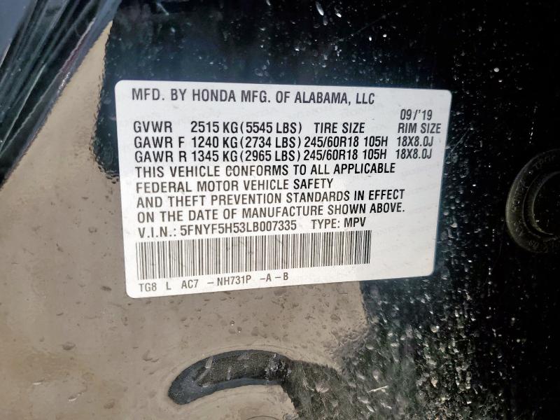 2020 HONDA PILOT EXL 5FNYF5H53LB007335