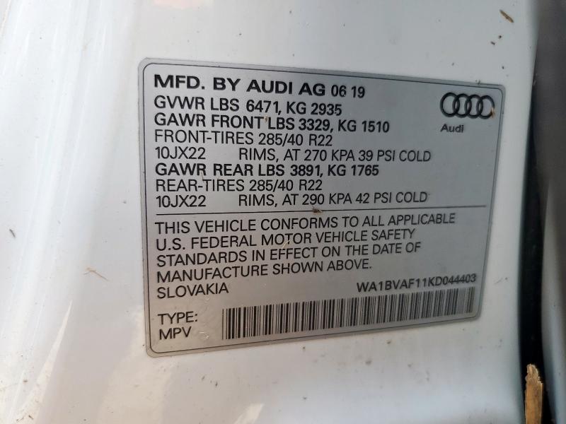 2019 AUDI Q8 PREMIUM WA1BVAF11KD044403