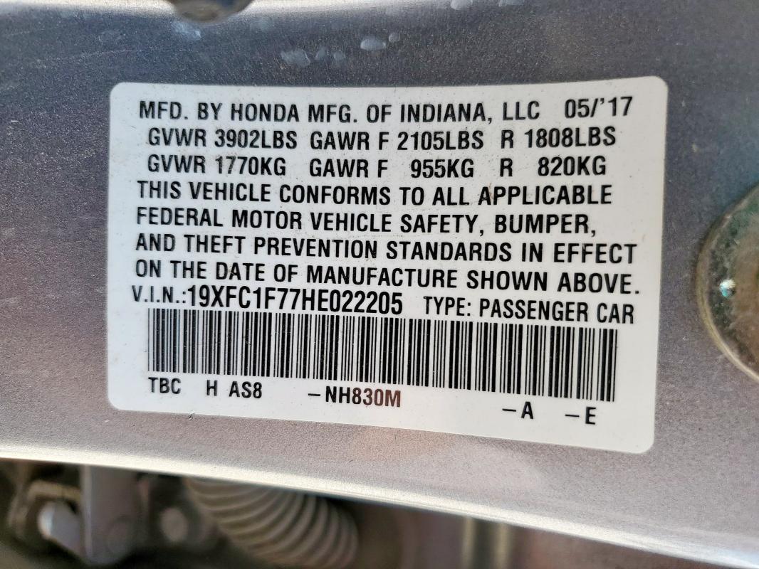2017 HONDA CIVIC EXL - 19XFC1F77HE022205