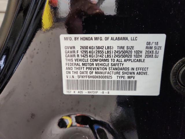 2019 HONDA PILOT TOURING 5FNYF6H60KB008925