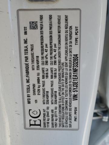 2022 TESLA MODEL 3 5YJ3E1EA1NF332804
