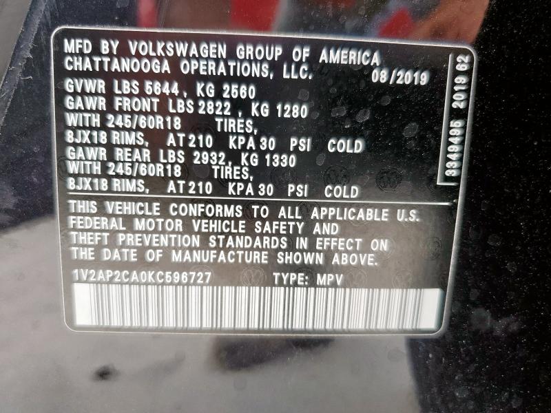 2019 VOLKSWAGEN ATLAS S 1V2AP2CA0KC596727