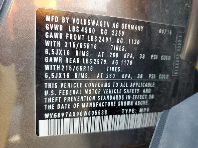 2016 VOLKSWAGEN TIGUAN S WVGBV7AX9GW605538