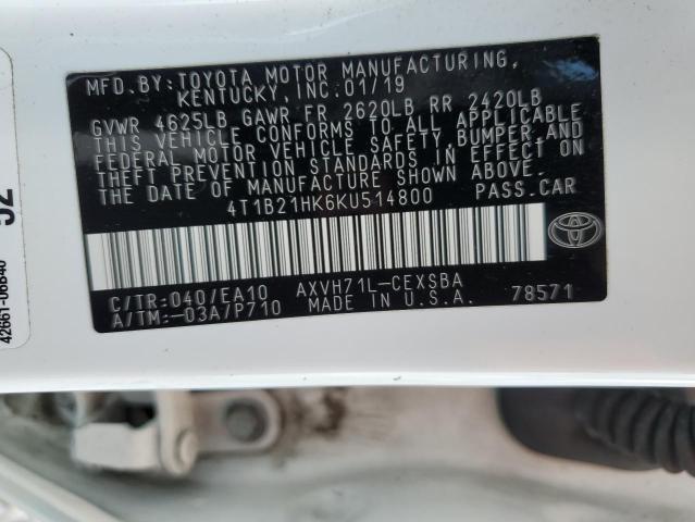 2019 TOYOTA CAMRY HYBR 4T1B21HK6KU514800