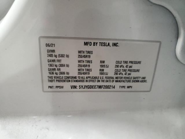 2021 TESLA MODEL Y 5YJYGDEE7MF200214