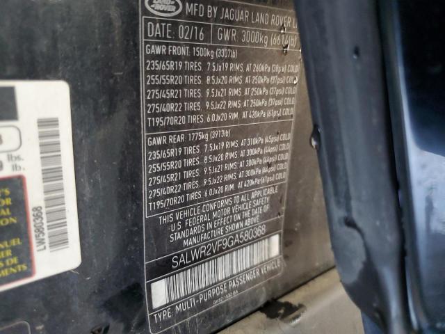 2016 LAND ROVER RANGE ROVE SALWR2VF9GA580368
