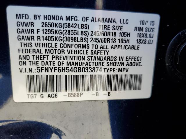 2016 HONDA PILOT EXL 5FNYF6H54GB033874