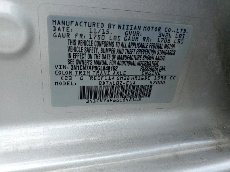 2016 NISSAN VERSA S 3N1CN7AP8GL848162