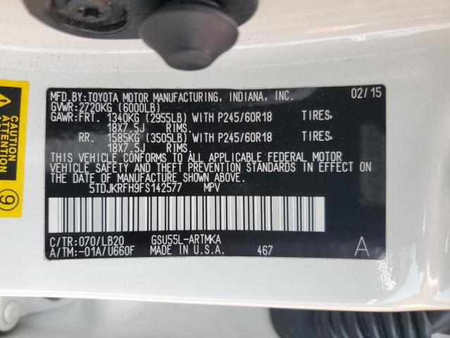 2015 TOYOTA HIGHLANDER XLE 5TDJKRFH9FS142577