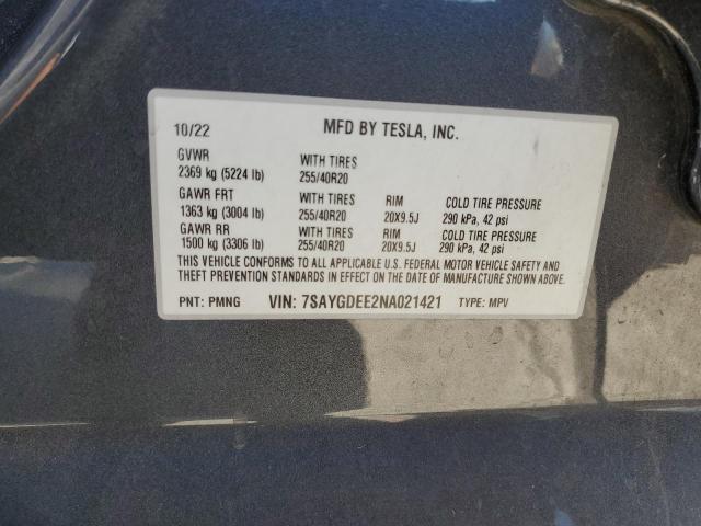 2022 TESLA MODEL Y 7SAYGDEE2NA021421