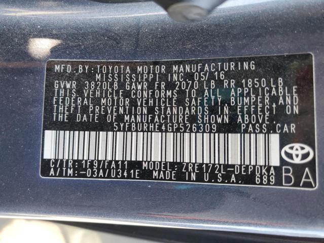 2016 TOYOTA COROLLA L 5YFBURHE4GP526309