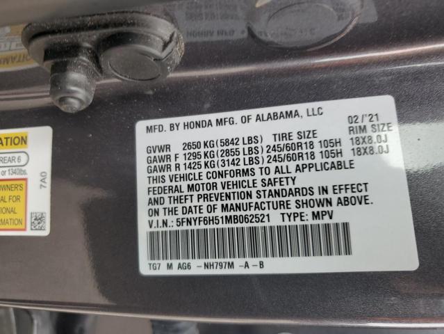 2021 HONDA PILOT EXL 5FNYF6H51MB062521