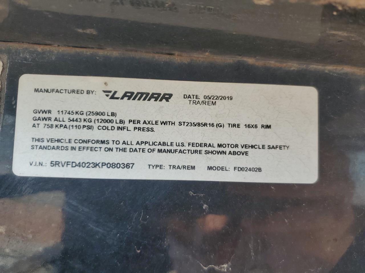 Lot #3264549917 2019 LAMAR UNKNOWN