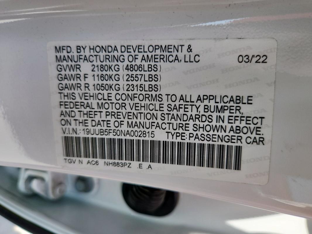 2022 ACURA TLX 19UUB5F50NA002815