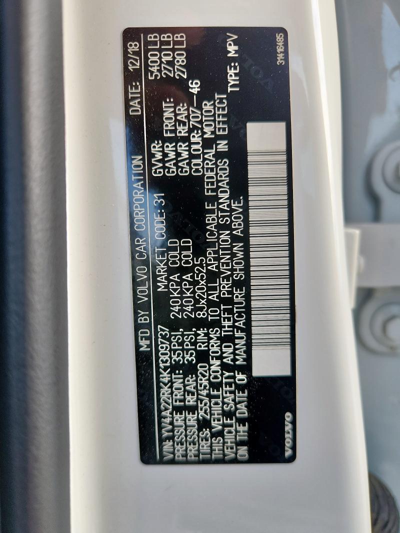 2019 VOLVO XC60 T6 YV4A22RK4K1309737