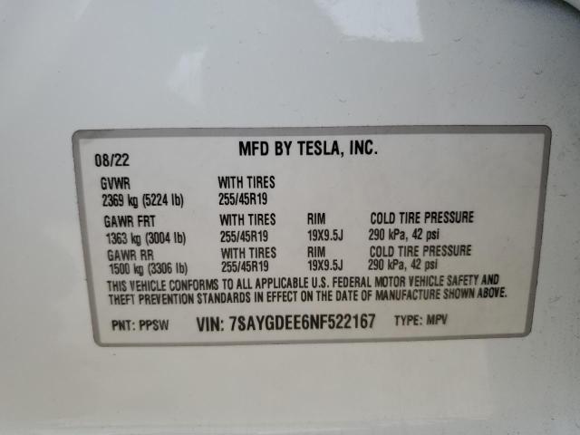 2022 TESLA MODEL Y 7SAYGDEE6NF522167