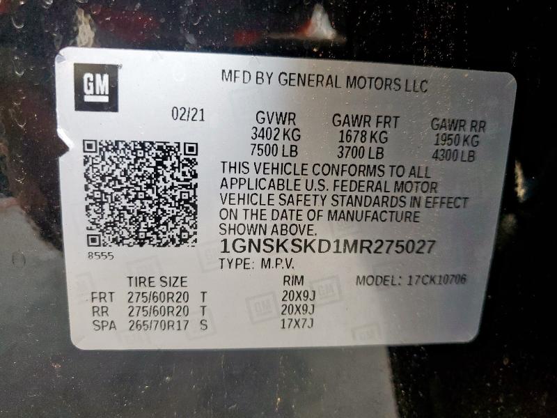 2021 CHEVROLET TAHOE K1500 PREMIER 1GNSKSKD1MR275027