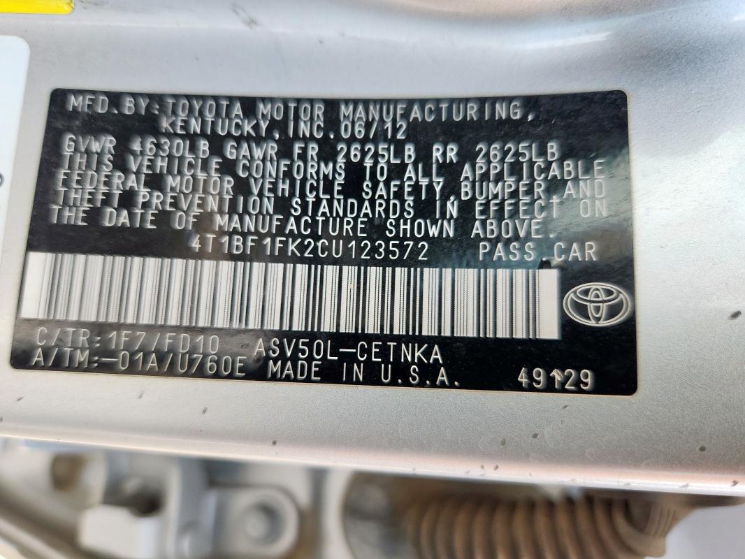 2012 TOYOTA CAMRY LE A - 4T1BF1FK2CU123572
