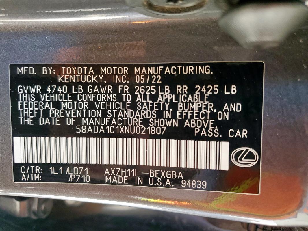 2022 LEXUS ES 300H BA 58ADA1C1XNU021807
