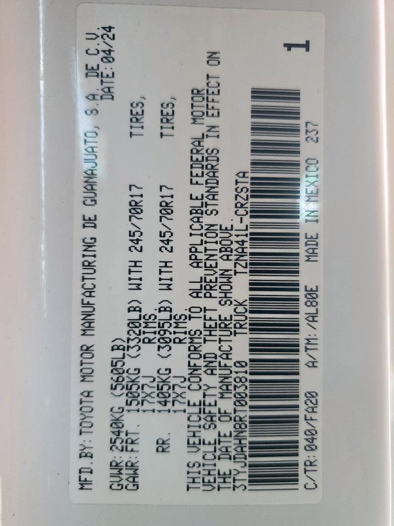 2024 TOYOTA TACOMA XTR 3TYJDAHN8RT003810