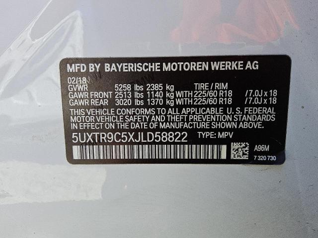 2018 BMW X3 XDRIVE3 5UXTR9C5XJLD58822