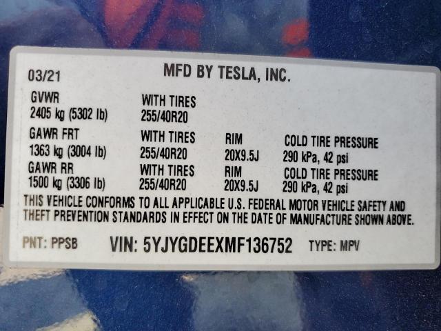2021 TESLA MODEL Y 5YJYGDEEXMF136752