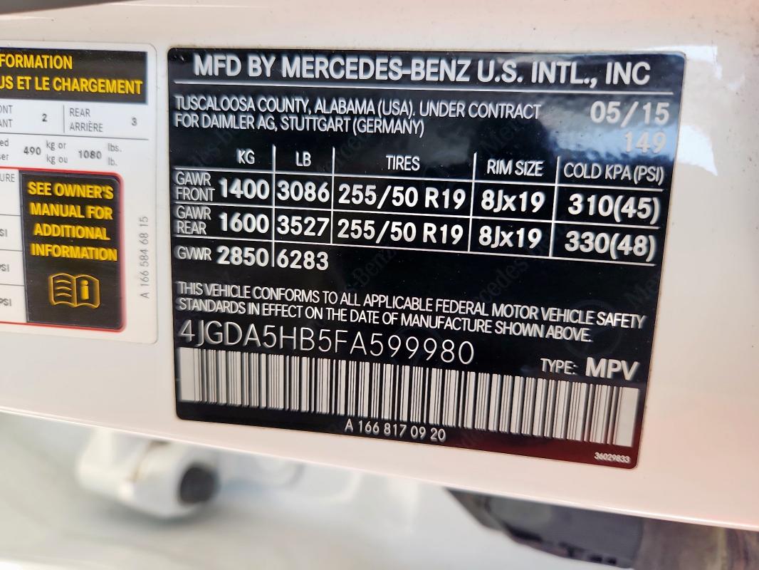 2015 MERCEDES-BENZ ML 350 4MA 4JGDA5HB5FA599980