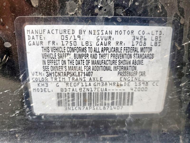 2019 NISSAN VERSA S 3N1CN7AP5KL871407