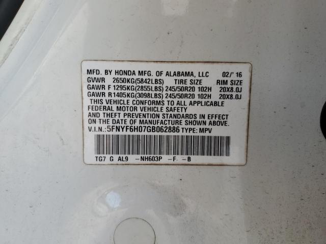 2016 HONDA PILOT ELIT 5FNYF6H07GB062886