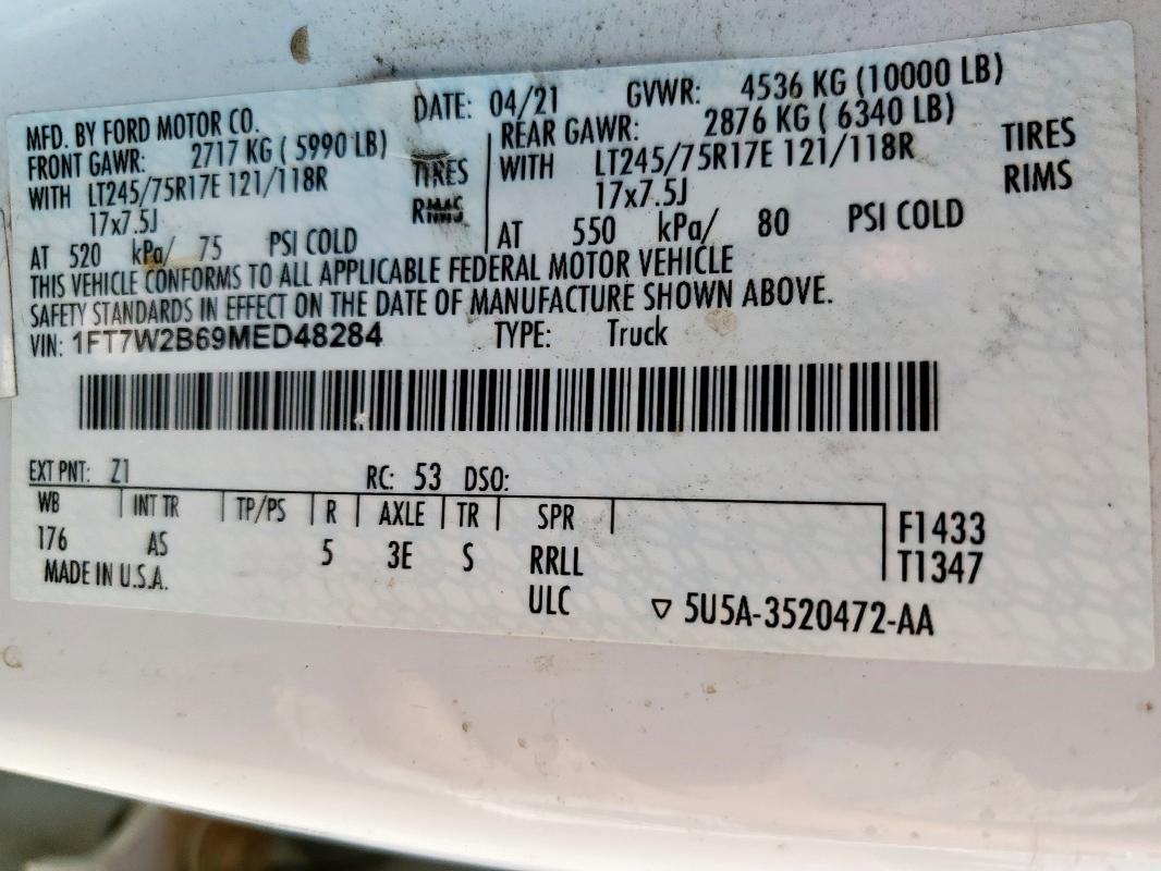 2021 FORD F250 SUPER - 1FT7W2B69MED48284
