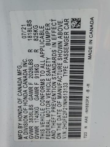 2022 HONDA CIVIC LX 2HGFE2F21NH513133