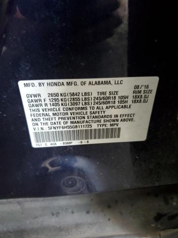 2016 HONDA PILOT EXL 5FNYF6H55GB111725