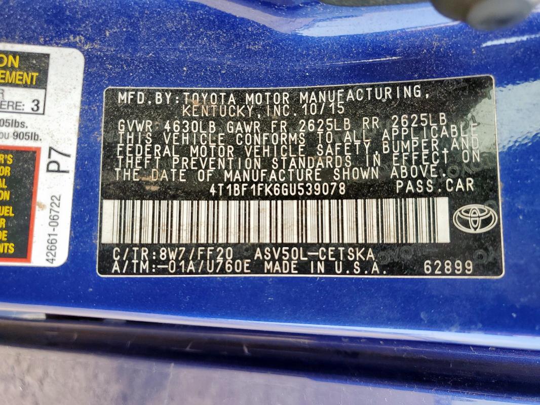 2016 TOYOTA CAMRY LE 4T1BF1FK6GU539078