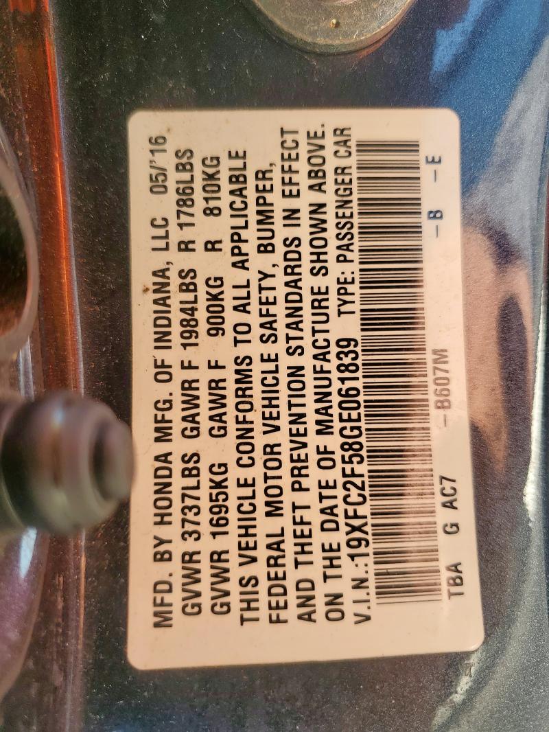 2016 HONDA CIVIC LX 19XFC2F58GE061839