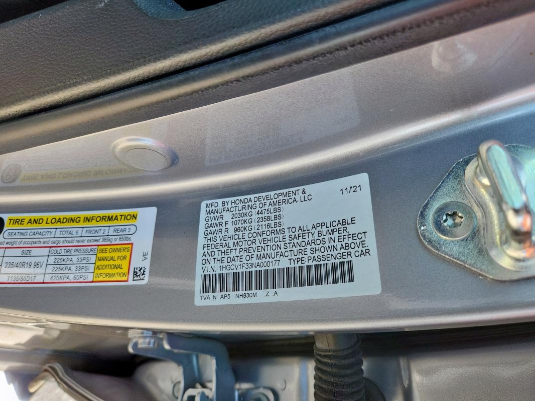 2022 HONDA ACCORD SPO - 1HGCV1F33NA000177