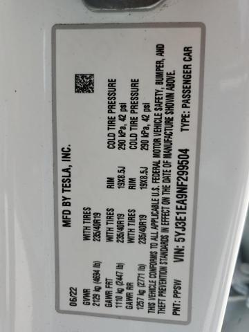 2022 TESLA MODEL 3 5YJ3E1EA9NF299504