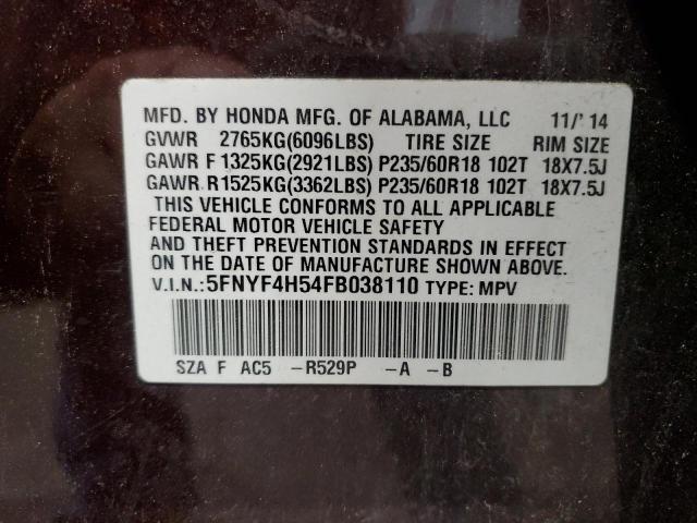 2015 HONDA PILOT EXL 5FNYF4H54FB038110