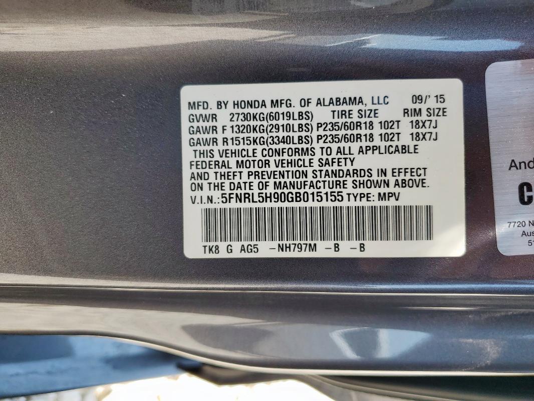 2016 HONDA ODYSSEY TO 5FNRL5H90GB015155