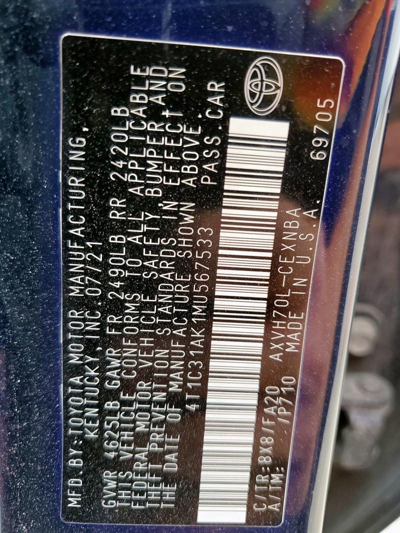 2021 TOYOTA CAMRY LE 4T1C31AK1MU567533