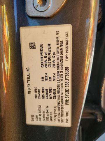 2020 TESLA MODEL 3 5YJ3E1EB3LF786980