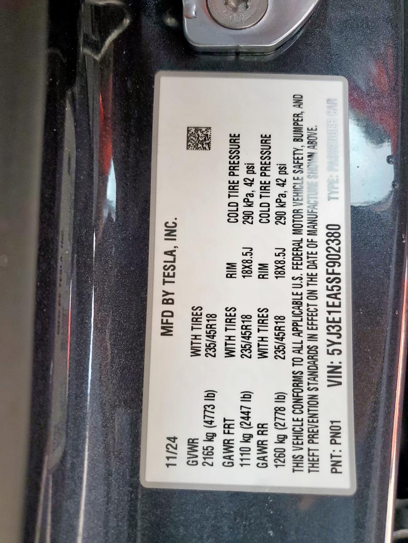 2025 TESLA MODEL 3 5YJ3E1EA5SF902380