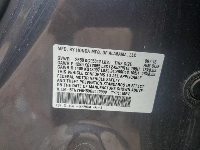2016 HONDA PILOT EXL 5FNYF6H59GB112909